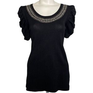 Style & Co Rhinestone Top Women's LARGE Black Silver Sparkle‎ Scoop Short-Sleeve